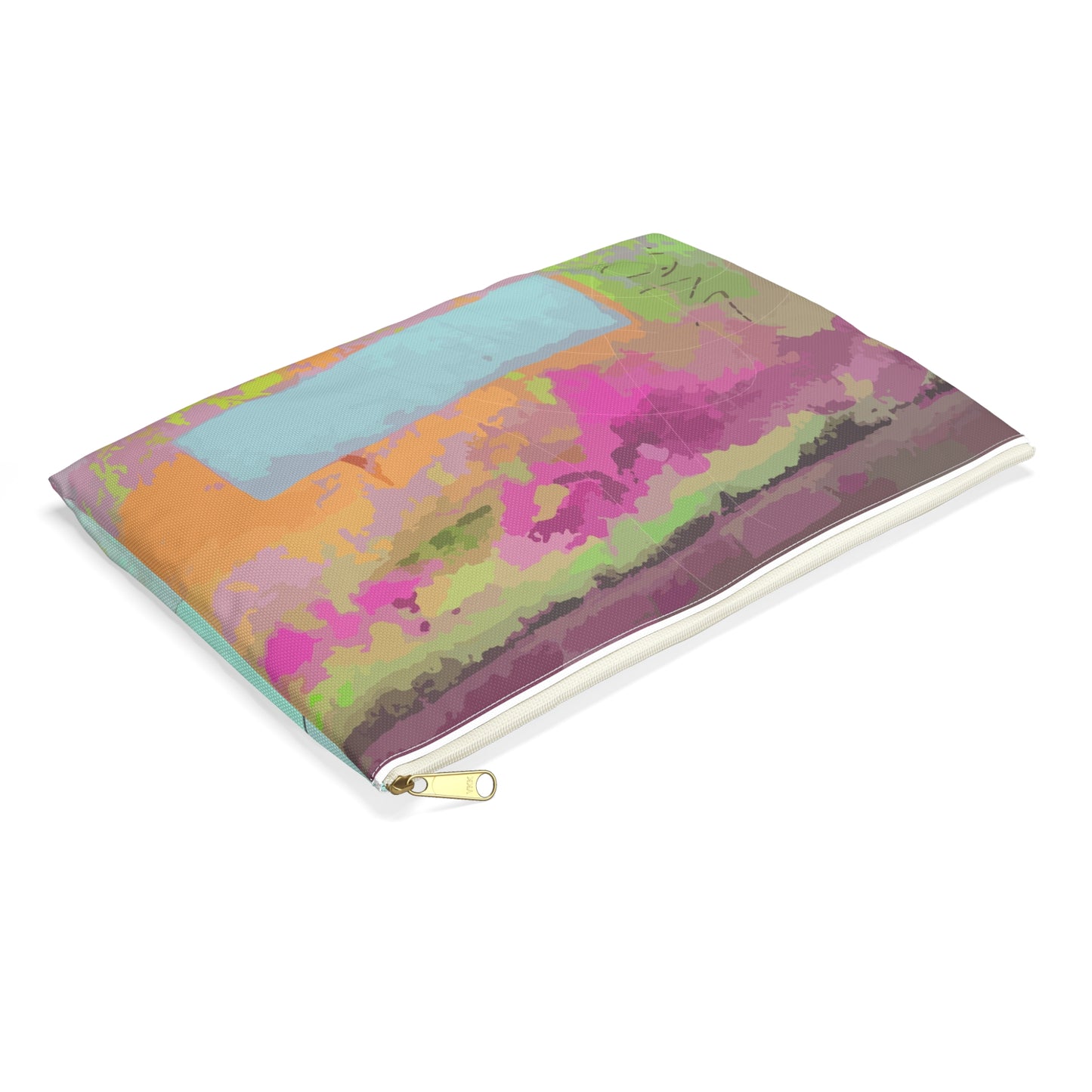 Graffiti and peeling paint in day-glo accessory pouch