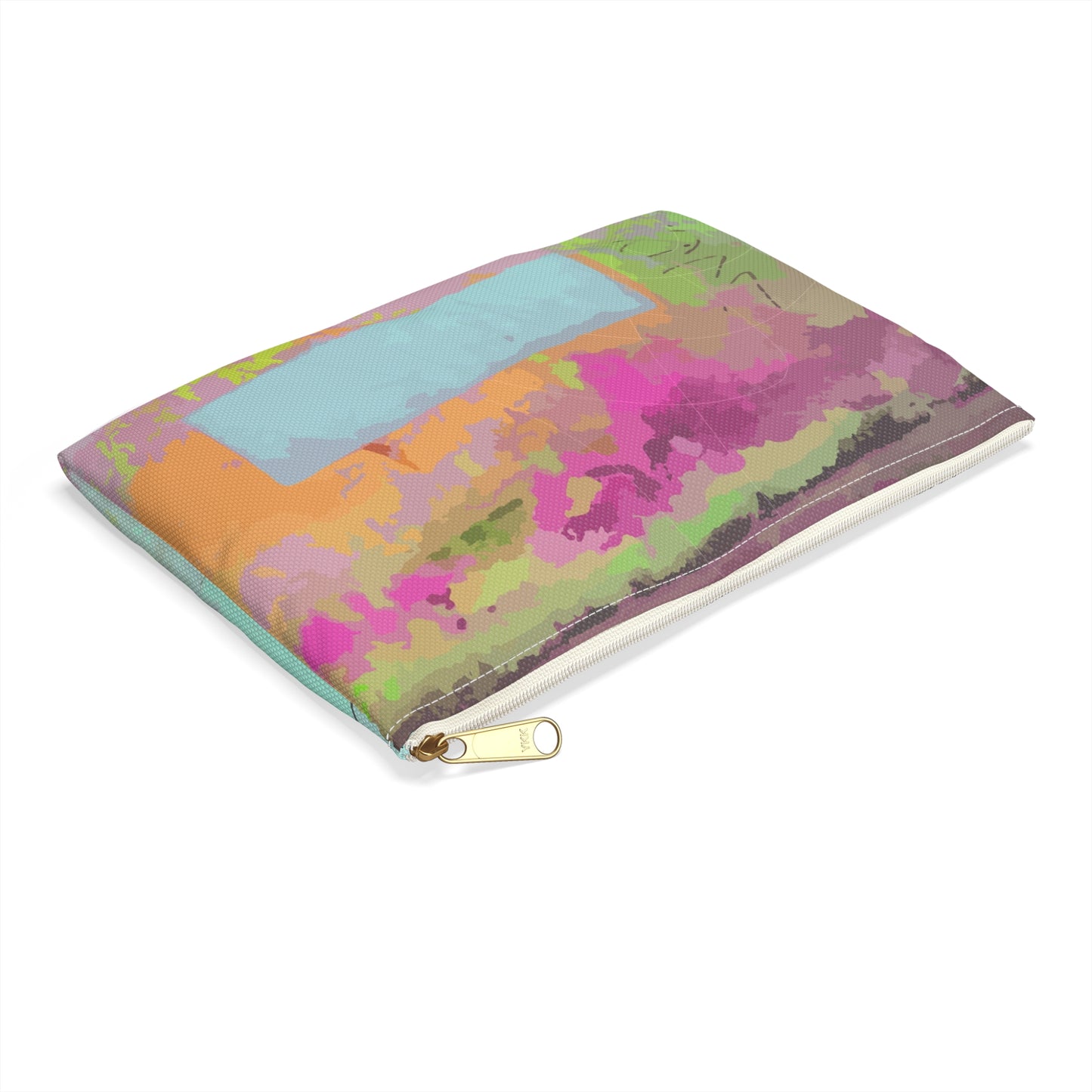 Graffiti and peeling paint in day-glo accessory pouch