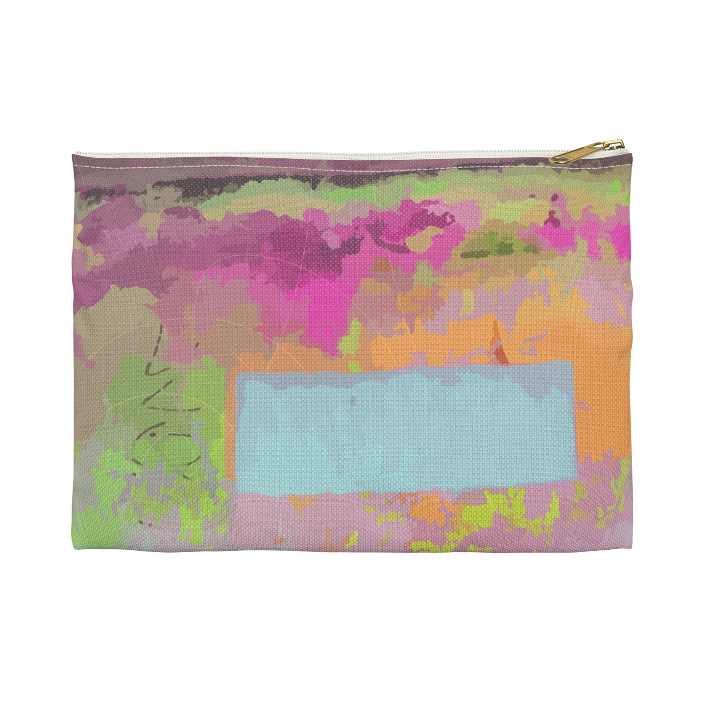 Graffiti and peeling paint in day-glo accessory pouch