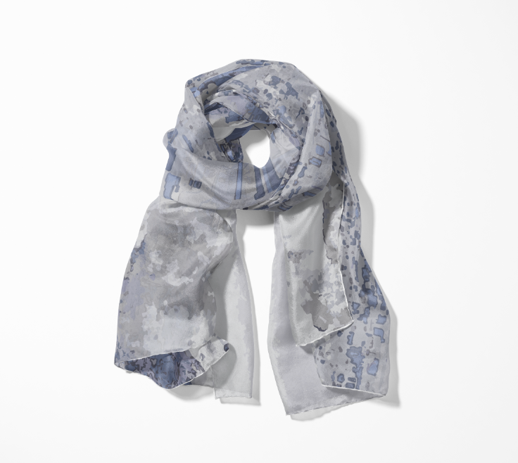 Indigo and grey abstract cityscape silk scarf