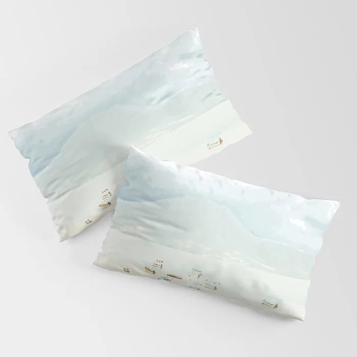 Colorful boats on a pale lake - pillow sham